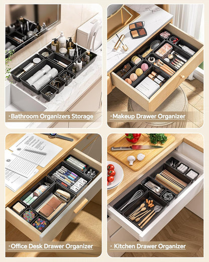KEMETHY 25 PCS Plastic Drawer Organizers Set, 4 Sizes Vanity Organizer | Makeup and Desk Drawer Organizer Trays, Organization and Storage for Makeup, Bathroom, Kitchen Utensils and Office (Black)