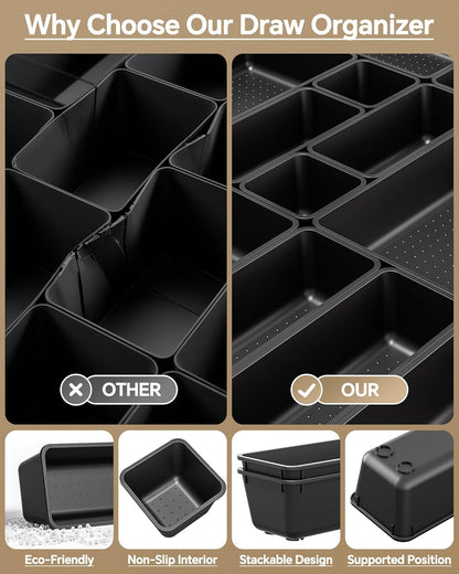 KEMETHY 25 PCS Plastic Drawer Organizers Set, 4 Sizes Vanity Organizer | Makeup and Desk Drawer Organizer Trays, Organization and Storage for Makeup, Bathroom, Kitchen Utensils and Office (Black)