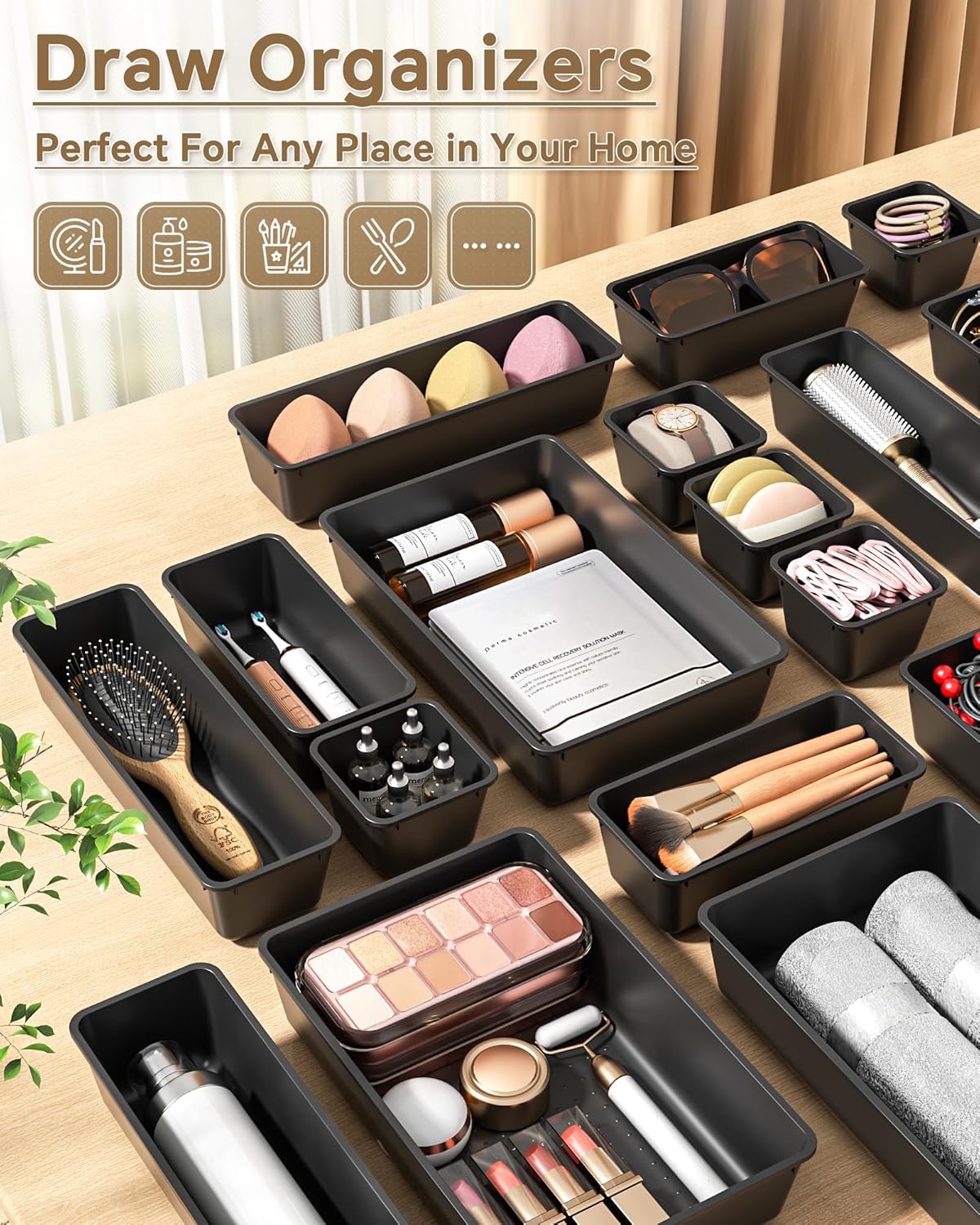 KEMETHY 25 PCS Plastic Drawer Organizers Set, 4 Sizes Vanity Organizer | Makeup and Desk Drawer Organizer Trays, Organization and Storage for Makeup, Bathroom, Kitchen Utensils and Office (Black)
