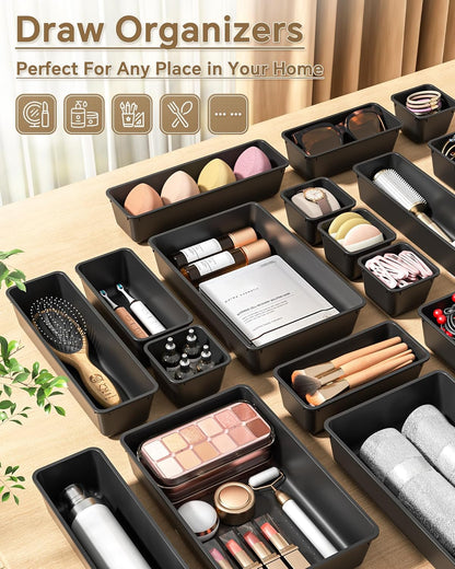 KEMETHY 25 PCS Plastic Drawer Organizers Set, 4 Sizes Vanity Organizer | Makeup and Desk Drawer Organizer Trays, Organization and Storage for Makeup, Bathroom, Kitchen Utensils and Office (Black)