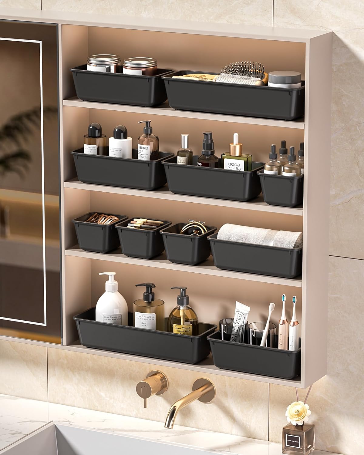 KEMETHY 25 PCS Plastic Drawer Organizers Set, 4 Sizes Vanity Organizer | Makeup and Desk Drawer Organizer Trays, Organization and Storage for Makeup, Bathroom, Kitchen Utensils and Office (Black)