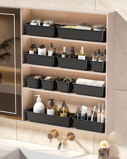 KEMETHY 25 PCS Plastic Drawer Organizers Set, 4 Sizes Vanity Organizer | Makeup and Desk Drawer Organizer Trays, Organization and Storage for Makeup, Bathroom, Kitchen Utensils and Office (Black)