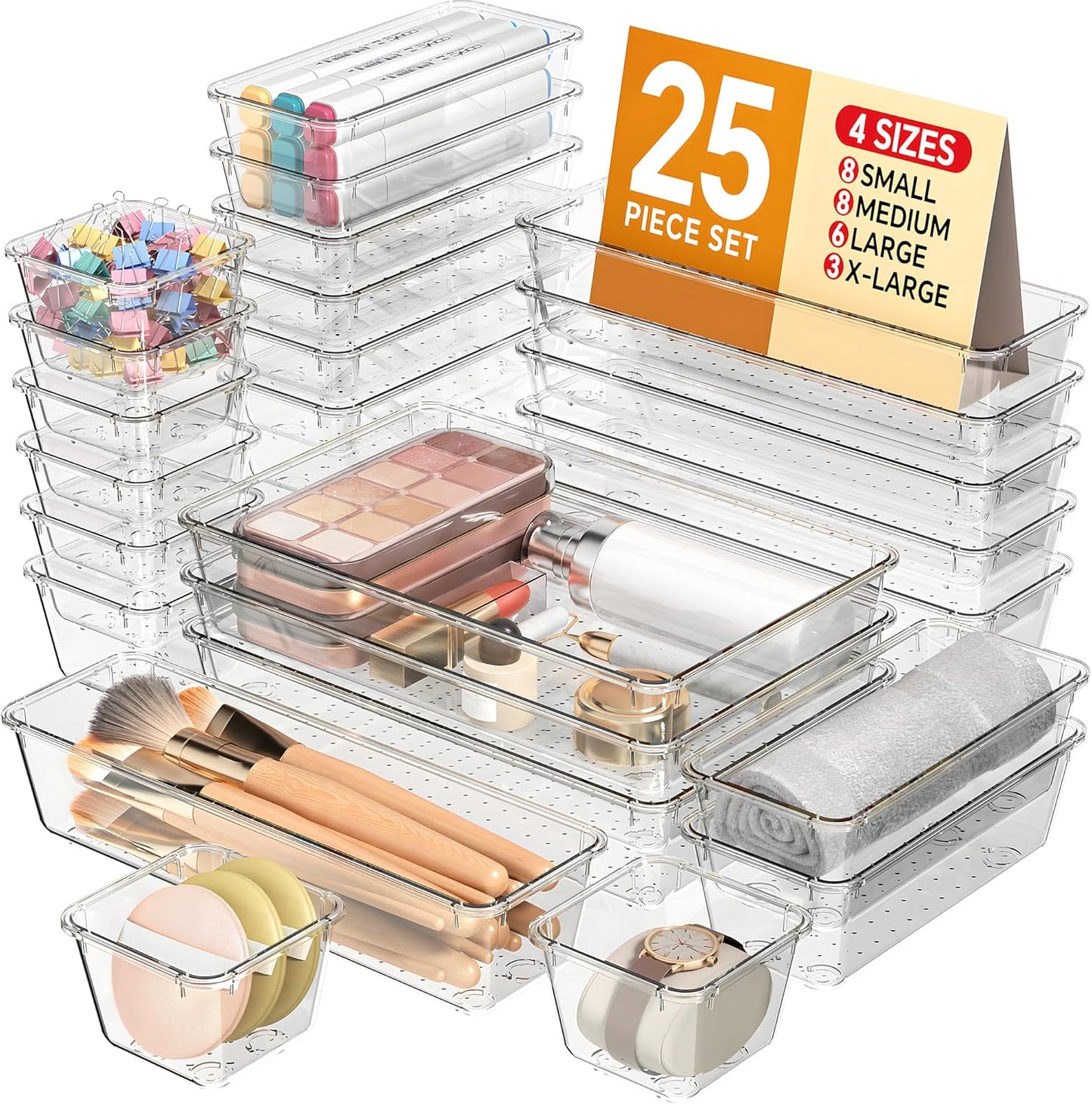KEMETHY 25 PCS Plastic Drawer Organizers Set, 4 Sizes Vanity Organizer | Makeup and Desk Drawer Organizer Trays, Organization and Storage for Makeup, Bathroom, Kitchen Utensils and Office (Black)
