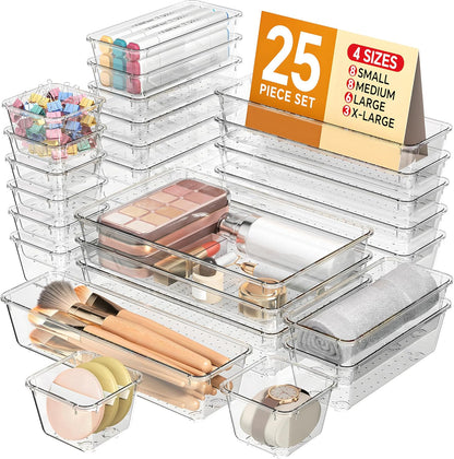 KEMETHY 25 PCS Plastic Drawer Organizers Set, 4 Sizes Vanity Organizer | Makeup and Desk Drawer Organizer Trays, Organization and Storage for Makeup, Bathroom, Kitchen Utensils and Office (Black)