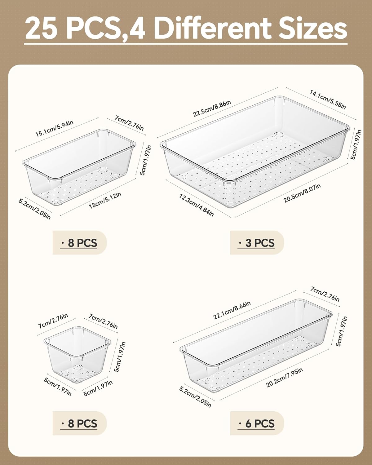KEMETHY 25 PCS Plastic Drawer Organizers Set, 4 Sizes Vanity Organizer | Makeup and Desk Drawer Organizer Trays, Organization and Storage for Makeup, Bathroom, Kitchen Utensils and Office (Black)