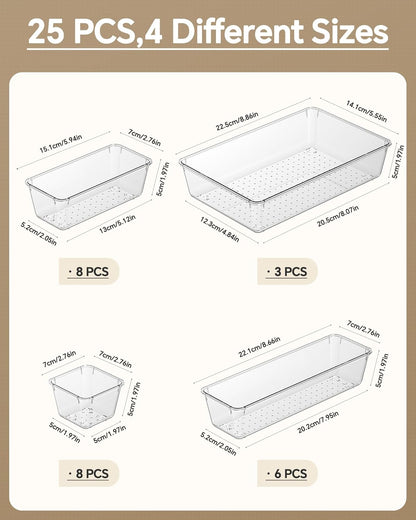 KEMETHY 25 PCS Plastic Drawer Organizers Set, 4 Sizes Vanity Organizer | Makeup and Desk Drawer Organizer Trays, Organization and Storage for Makeup, Bathroom, Kitchen Utensils and Office (Black)