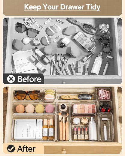 KEMETHY 25 PCS Plastic Drawer Organizers Set, 4 Sizes Vanity Organizer | Makeup and Desk Drawer Organizer Trays, Organization and Storage for Makeup, Bathroom, Kitchen Utensils and Office (Black)