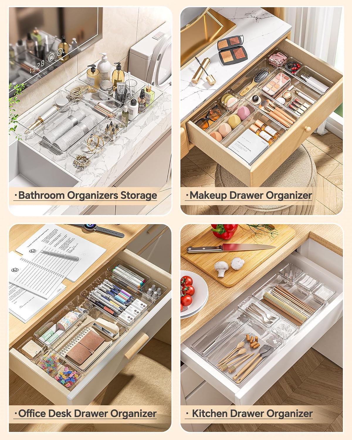KEMETHY 25 PCS Plastic Drawer Organizers Set, 4 Sizes Vanity Organizer | Makeup and Desk Drawer Organizer Trays, Organization and Storage for Makeup, Bathroom, Kitchen Utensils and Office (Black)