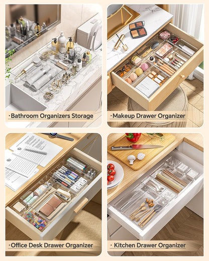 KEMETHY 25 PCS Plastic Drawer Organizers Set, 4 Sizes Vanity Organizer | Makeup and Desk Drawer Organizer Trays, Organization and Storage for Makeup, Bathroom, Kitchen Utensils and Office (Black)