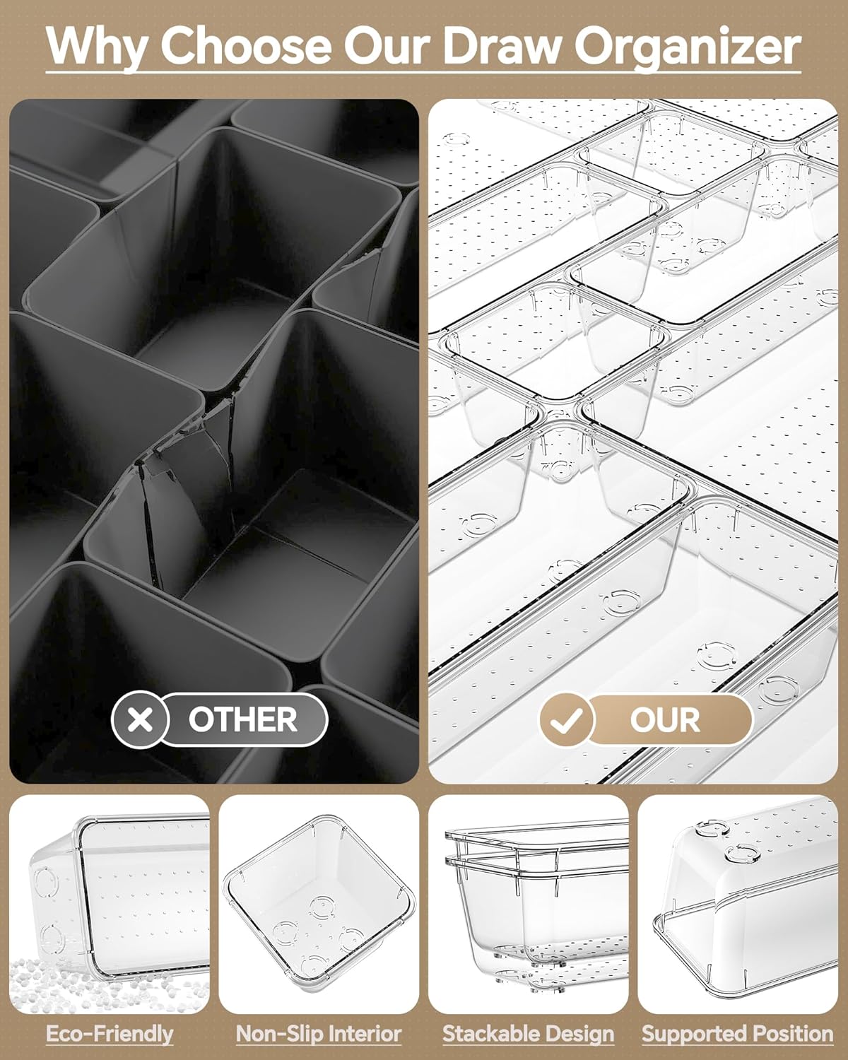 KEMETHY 25 PCS Plastic Drawer Organizers Set, 4 Sizes Vanity Organizer | Makeup and Desk Drawer Organizer Trays, Organization and Storage for Makeup, Bathroom, Kitchen Utensils and Office (Black)