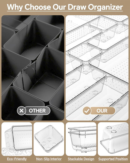 KEMETHY 25 PCS Plastic Drawer Organizers Set, 4 Sizes Vanity Organizer | Makeup and Desk Drawer Organizer Trays, Organization and Storage for Makeup, Bathroom, Kitchen Utensils and Office (Black)