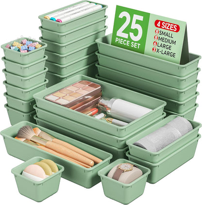 KEMETHY 25 PCS Plastic Drawer Organizers Set, 4 Sizes Vanity Organizer | Makeup and Desk Drawer Organizer Trays, Organization and Storage for Makeup, Bathroom, Kitchen Utensils and Office (Black)