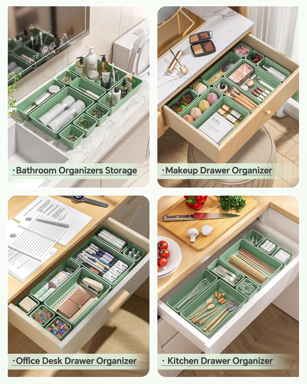 KEMETHY 25 PCS Plastic Drawer Organizers Set, 4 Sizes Vanity Organizer | Makeup and Desk Drawer Organizer Trays, Organization and Storage for Makeup, Bathroom, Kitchen Utensils and Office (Black)