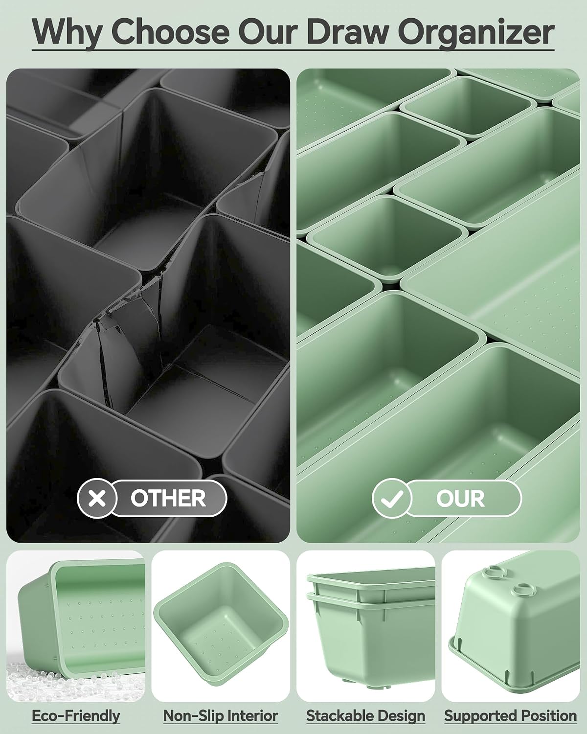 KEMETHY 25 PCS Plastic Drawer Organizers Set, 4 Sizes Vanity Organizer | Makeup and Desk Drawer Organizer Trays, Organization and Storage for Makeup, Bathroom, Kitchen Utensils and Office (Black)