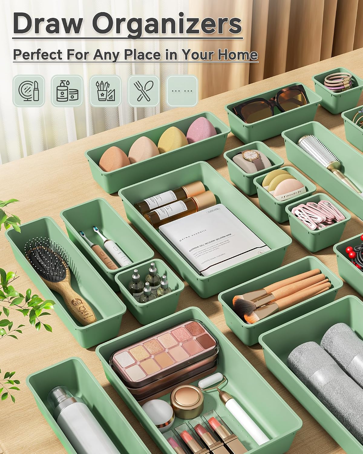 KEMETHY 25 PCS Plastic Drawer Organizers Set, 4 Sizes Vanity Organizer | Makeup and Desk Drawer Organizer Trays, Organization and Storage for Makeup, Bathroom, Kitchen Utensils and Office (Black)
