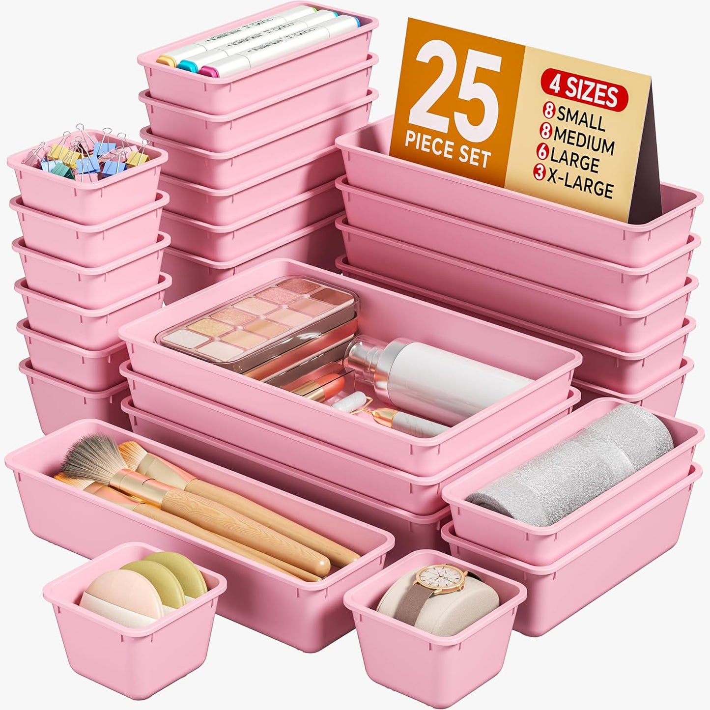 KEMETHY 25 PCS Plastic Drawer Organizers Set, 4 Sizes Vanity Organizer | Makeup and Desk Drawer Organizer Trays, Organization and Storage for Makeup, Bathroom, Kitchen Utensils and Office (Black)