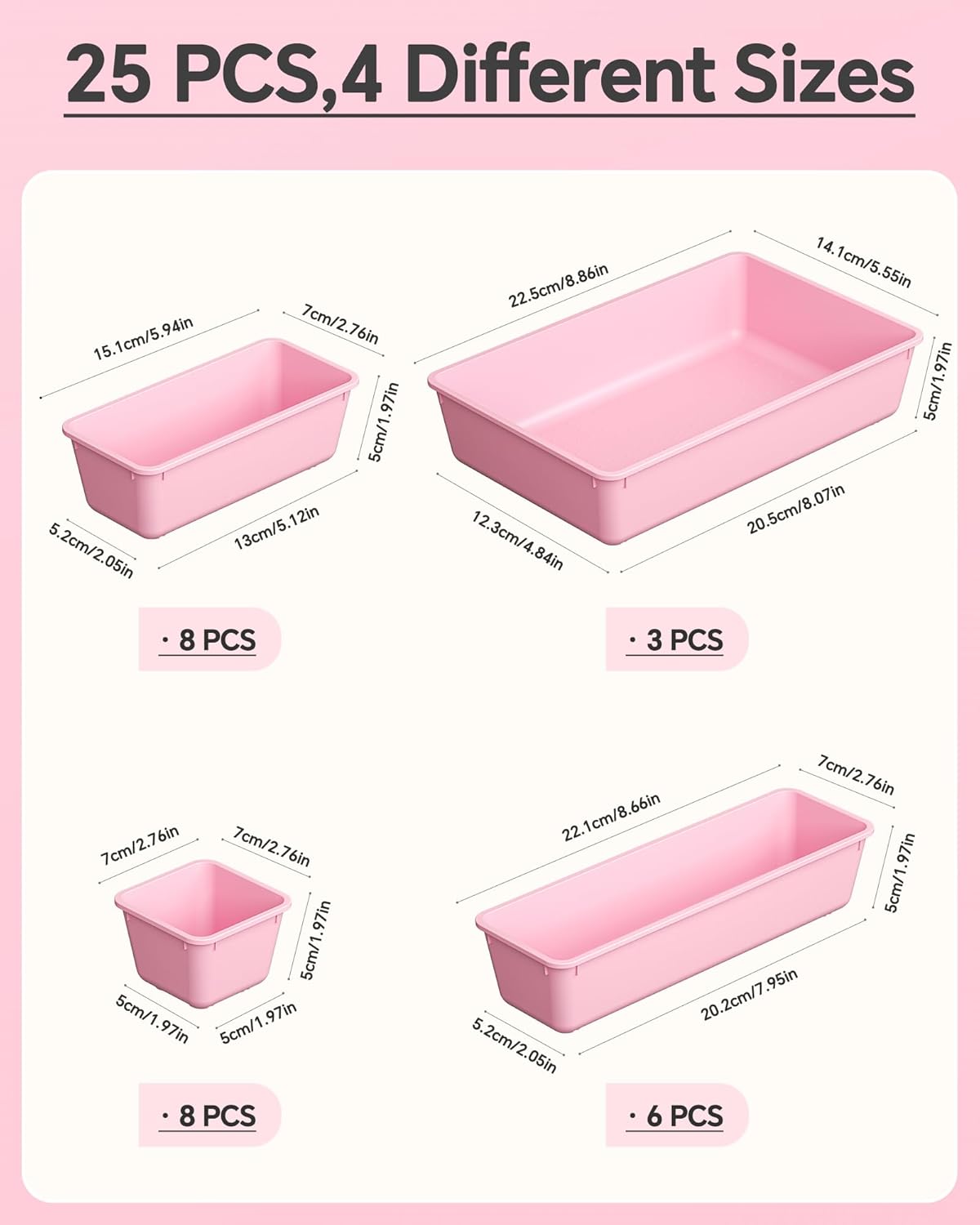KEMETHY 25 PCS Plastic Drawer Organizers Set, 4 Sizes Vanity Organizer | Makeup and Desk Drawer Organizer Trays, Organization and Storage for Makeup, Bathroom, Kitchen Utensils and Office (Black)