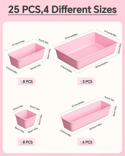 KEMETHY 25 PCS Plastic Drawer Organizers Set, 4 Sizes Vanity Organizer | Makeup and Desk Drawer Organizer Trays, Organization and Storage for Makeup, Bathroom, Kitchen Utensils and Office (Black)