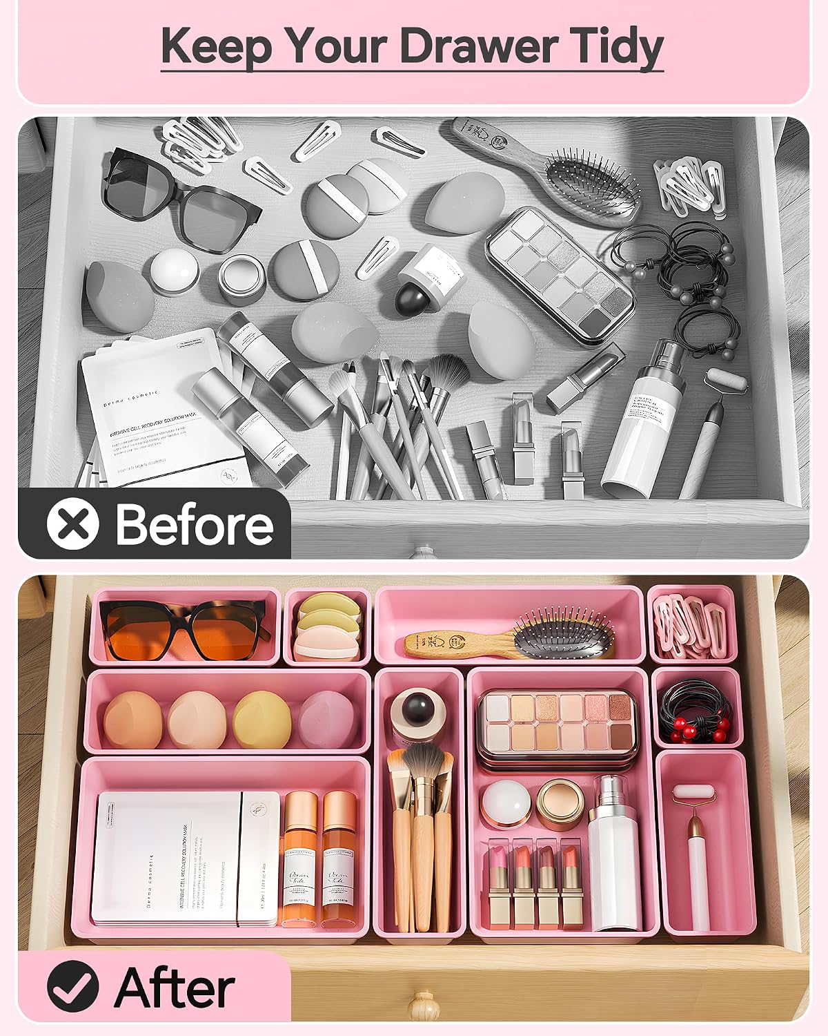 KEMETHY 25 PCS Plastic Drawer Organizers Set, 4 Sizes Vanity Organizer | Makeup and Desk Drawer Organizer Trays, Organization and Storage for Makeup, Bathroom, Kitchen Utensils and Office (Black)