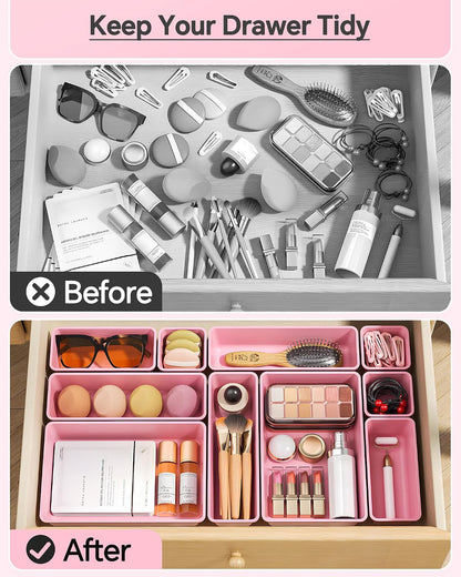 KEMETHY 25 PCS Plastic Drawer Organizers Set, 4 Sizes Vanity Organizer | Makeup and Desk Drawer Organizer Trays, Organization and Storage for Makeup, Bathroom, Kitchen Utensils and Office (Black)