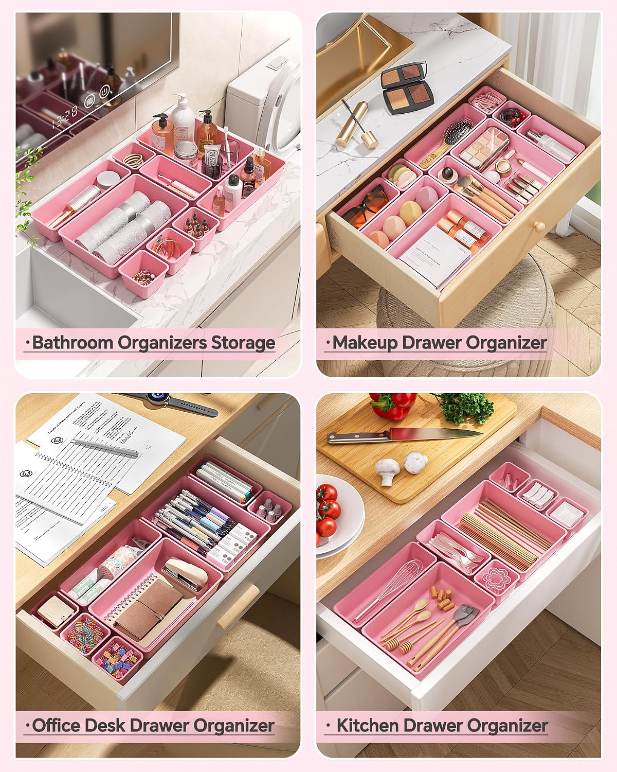 KEMETHY 25 PCS Plastic Drawer Organizers Set, 4 Sizes Vanity Organizer | Makeup and Desk Drawer Organizer Trays, Organization and Storage for Makeup, Bathroom, Kitchen Utensils and Office (Black)