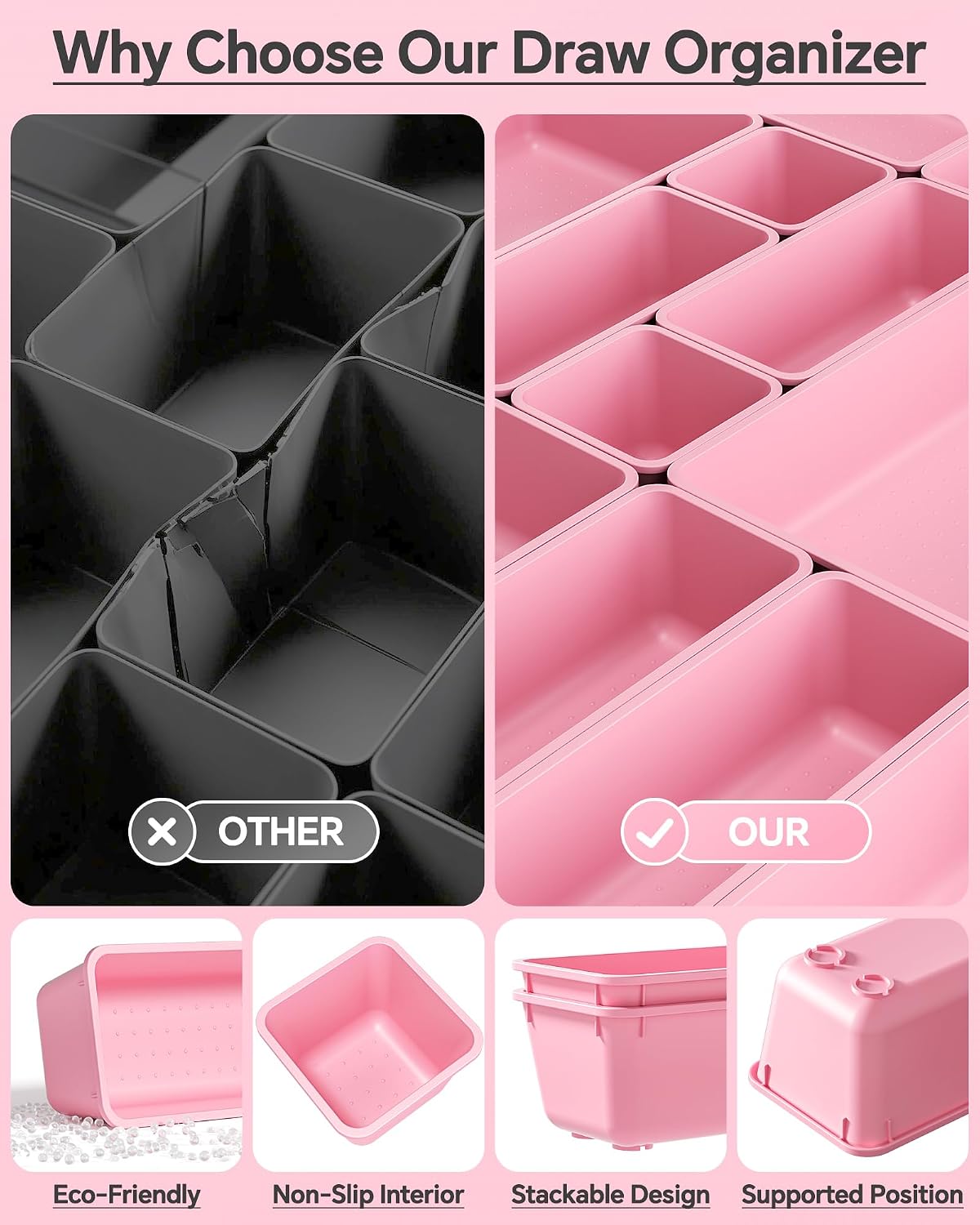 KEMETHY 25 PCS Plastic Drawer Organizers Set, 4 Sizes Vanity Organizer | Makeup and Desk Drawer Organizer Trays, Organization and Storage for Makeup, Bathroom, Kitchen Utensils and Office (Black)