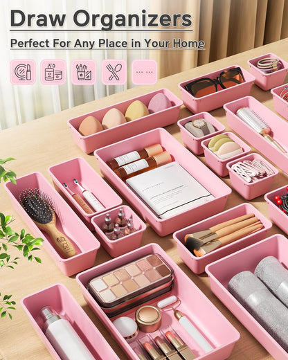 KEMETHY 25 PCS Plastic Drawer Organizers Set, 4 Sizes Vanity Organizer | Makeup and Desk Drawer Organizer Trays, Organization and Storage for Makeup, Bathroom, Kitchen Utensils and Office (Black)