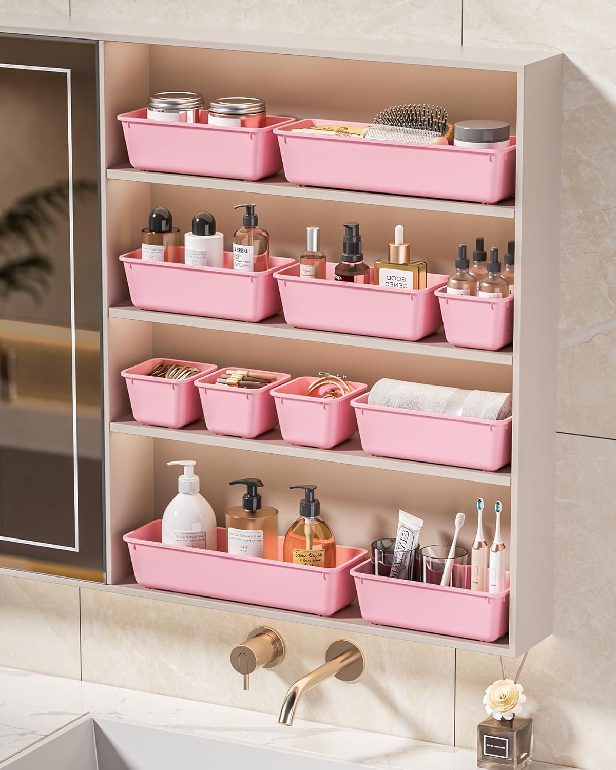 KEMETHY 25 PCS Plastic Drawer Organizers Set, 4 Sizes Vanity Organizer | Makeup and Desk Drawer Organizer Trays, Organization and Storage for Makeup, Bathroom, Kitchen Utensils and Office (Black)