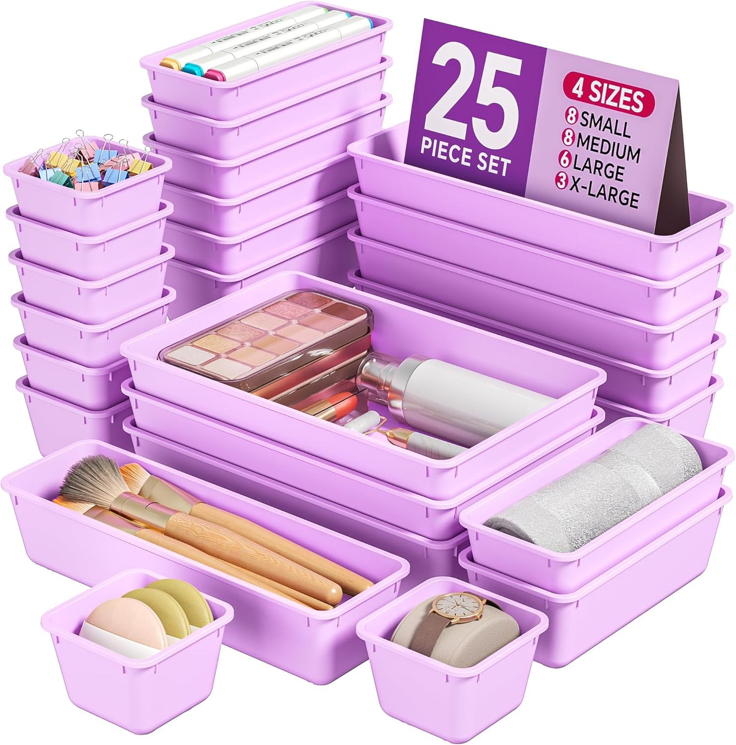 KEMETHY 25 PCS Plastic Drawer Organizers Set, 4 Sizes Vanity Organizer | Makeup and Desk Drawer Organizer Trays, Organization and Storage for Makeup, Bathroom, Kitchen Utensils and Office (Black)