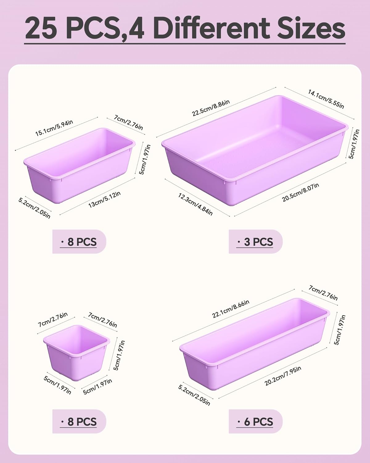 KEMETHY 25 PCS Plastic Drawer Organizers Set, 4 Sizes Vanity Organizer | Makeup and Desk Drawer Organizer Trays, Organization and Storage for Makeup, Bathroom, Kitchen Utensils and Office (Black)
