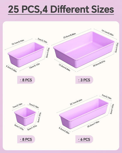 KEMETHY 25 PCS Plastic Drawer Organizers Set, 4 Sizes Vanity Organizer | Makeup and Desk Drawer Organizer Trays, Organization and Storage for Makeup, Bathroom, Kitchen Utensils and Office (Black)