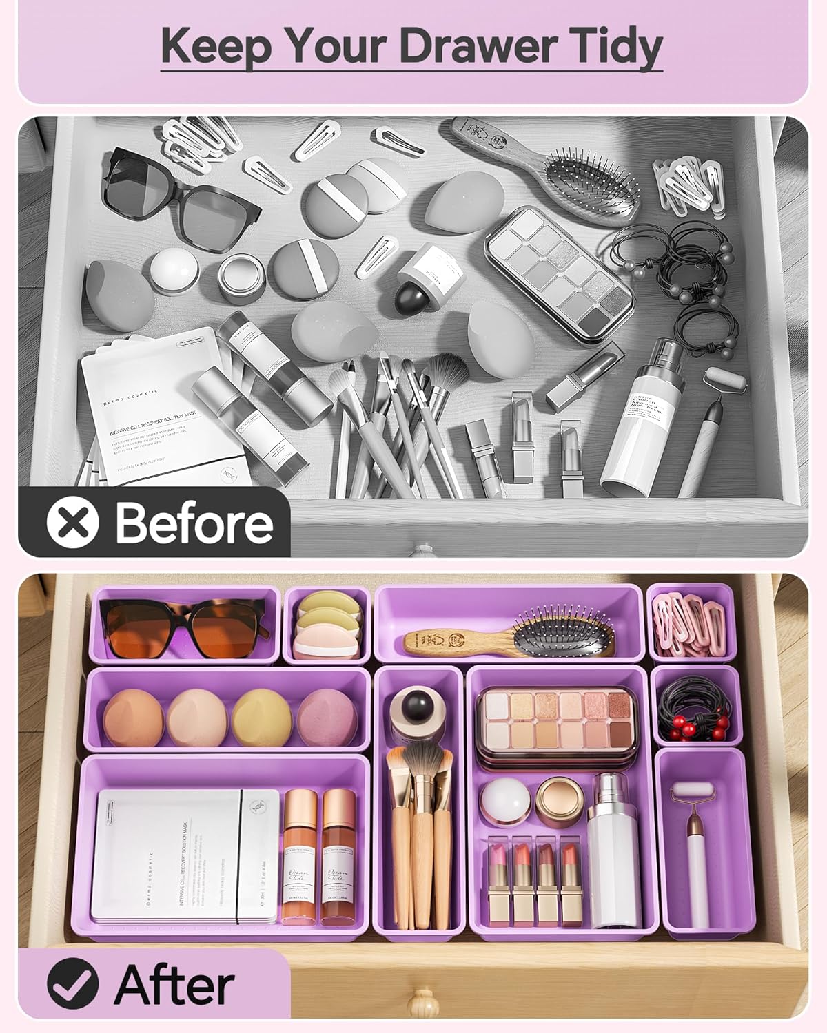 KEMETHY 25 PCS Plastic Drawer Organizers Set, 4 Sizes Vanity Organizer | Makeup and Desk Drawer Organizer Trays, Organization and Storage for Makeup, Bathroom, Kitchen Utensils and Office (Black)