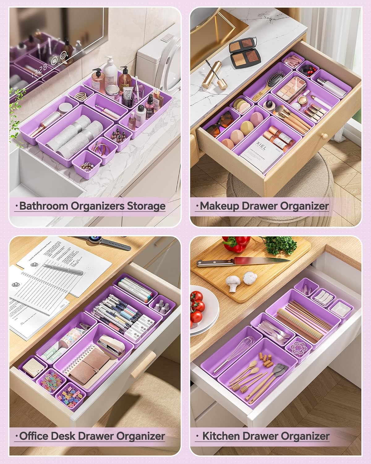 KEMETHY 25 PCS Plastic Drawer Organizers Set, 4 Sizes Vanity Organizer | Makeup and Desk Drawer Organizer Trays, Organization and Storage for Makeup, Bathroom, Kitchen Utensils and Office (Black)