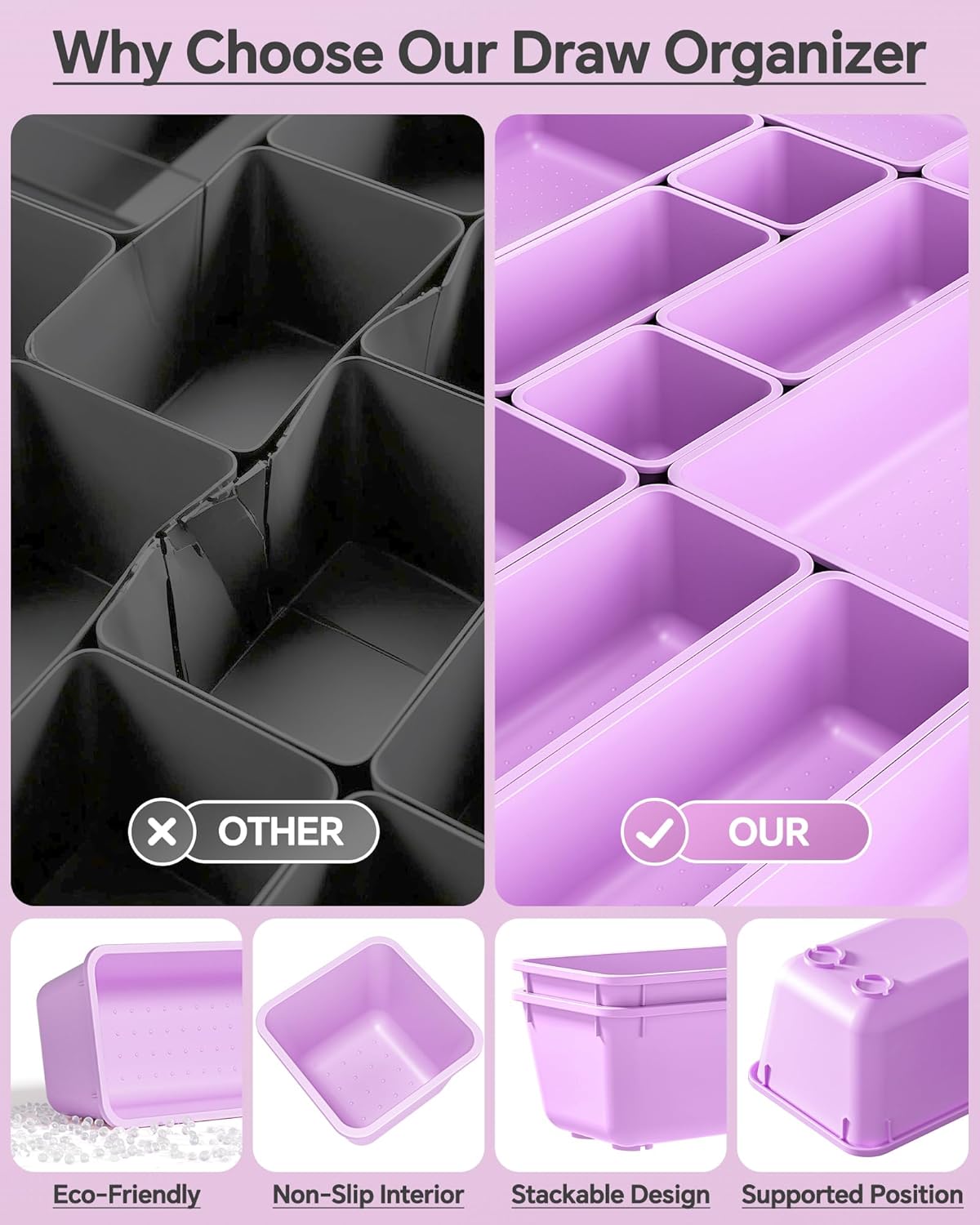KEMETHY 25 PCS Plastic Drawer Organizers Set, 4 Sizes Vanity Organizer | Makeup and Desk Drawer Organizer Trays, Organization and Storage for Makeup, Bathroom, Kitchen Utensils and Office (Black)