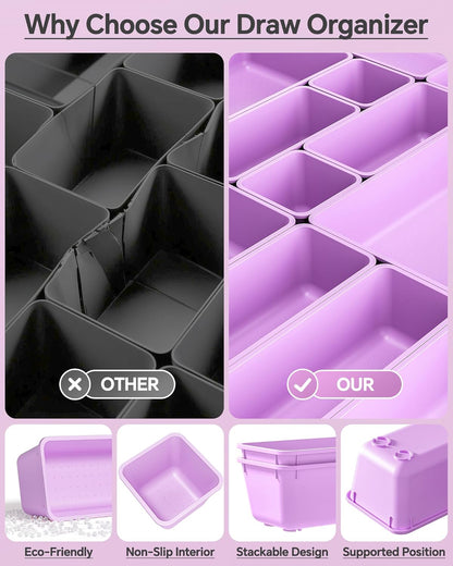 KEMETHY 25 PCS Plastic Drawer Organizers Set, 4 Sizes Vanity Organizer | Makeup and Desk Drawer Organizer Trays, Organization and Storage for Makeup, Bathroom, Kitchen Utensils and Office (Black)