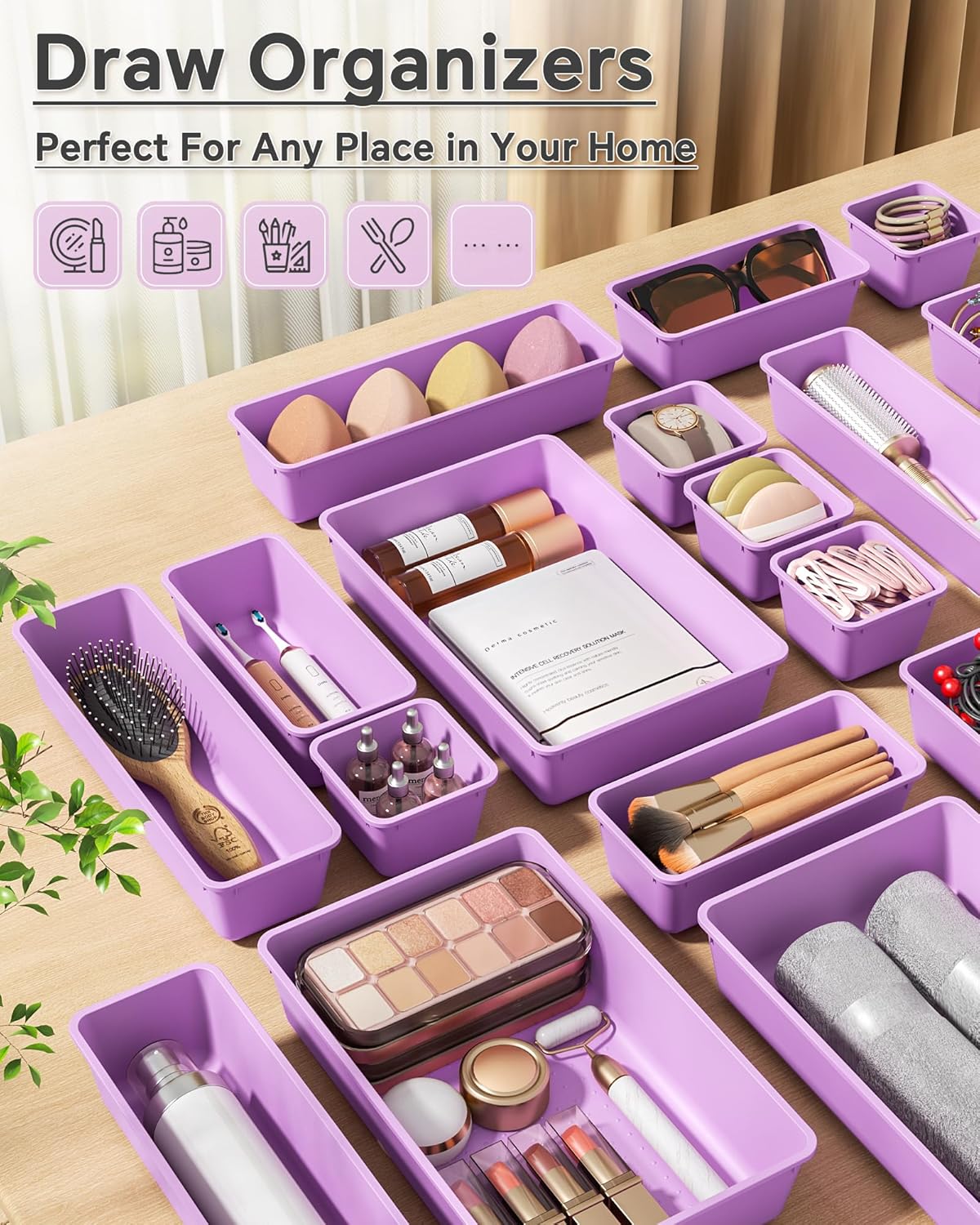 KEMETHY 25 PCS Plastic Drawer Organizers Set, 4 Sizes Vanity Organizer | Makeup and Desk Drawer Organizer Trays, Organization and Storage for Makeup, Bathroom, Kitchen Utensils and Office (Black)