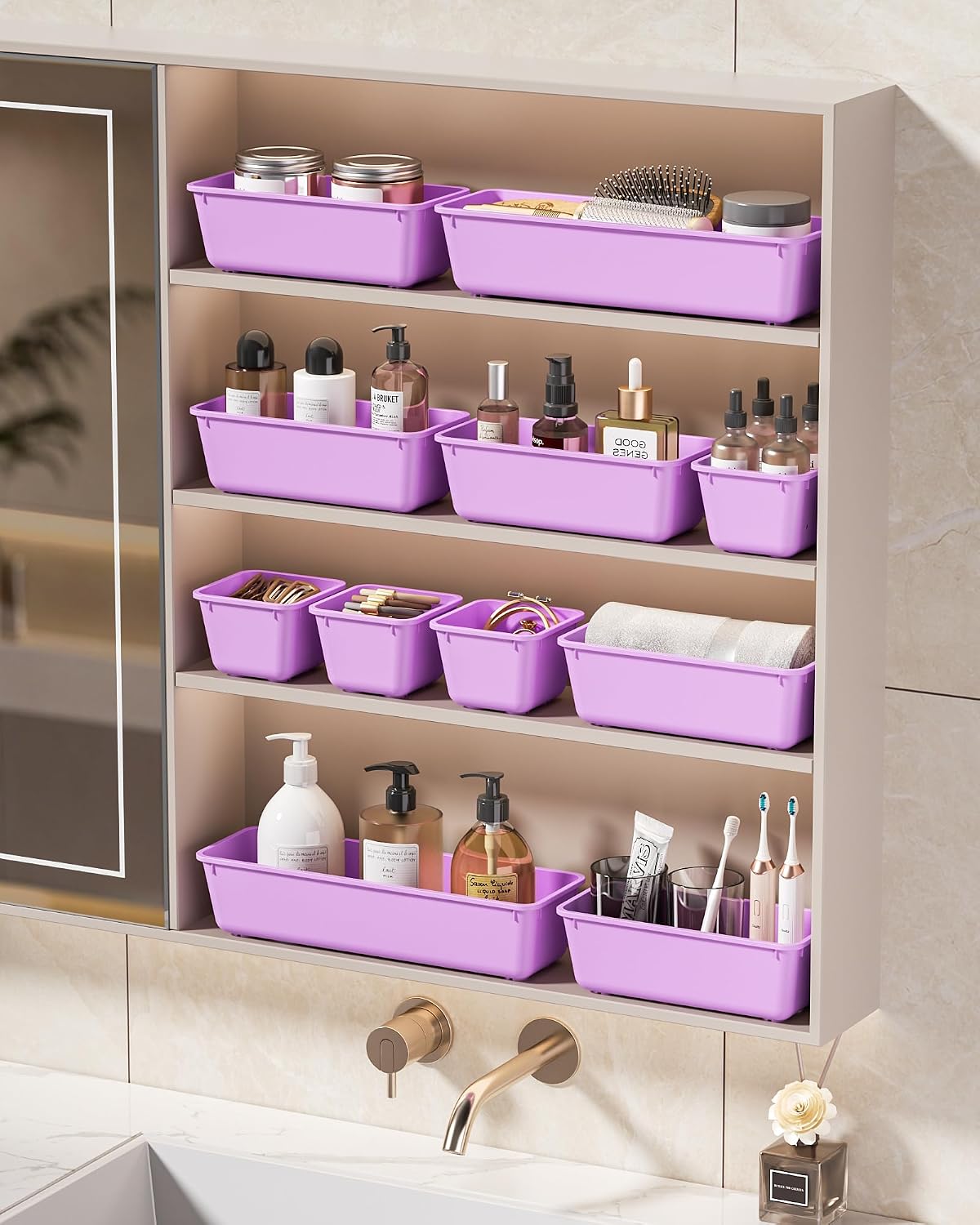 KEMETHY 25 PCS Plastic Drawer Organizers Set, 4 Sizes Vanity Organizer | Makeup and Desk Drawer Organizer Trays, Organization and Storage for Makeup, Bathroom, Kitchen Utensils and Office (Black)