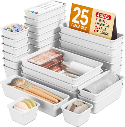 KEMETHY 25 PCS Plastic Drawer Organizers Set, 4 Sizes Vanity Organizer | Makeup and Desk Drawer Organizer Trays, Organization and Storage for Makeup, Bathroom, Kitchen Utensils and Office (Black)