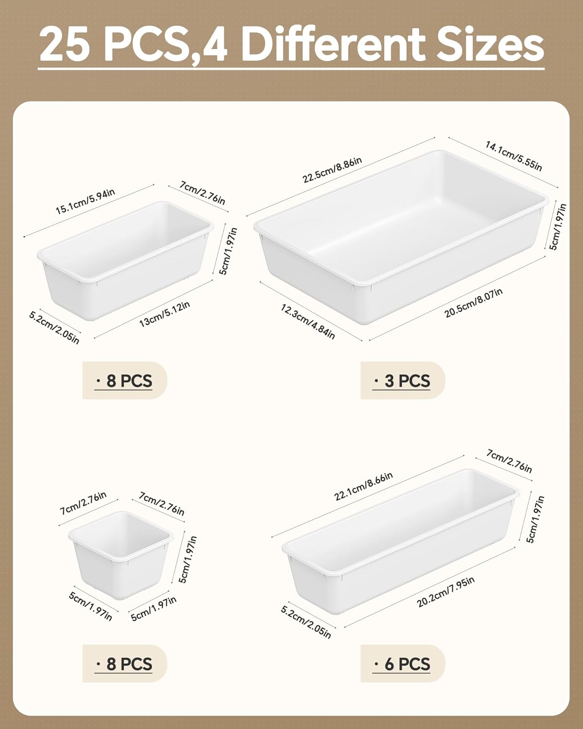 KEMETHY 25 PCS Plastic Drawer Organizers Set, 4 Sizes Vanity Organizer | Makeup and Desk Drawer Organizer Trays, Organization and Storage for Makeup, Bathroom, Kitchen Utensils and Office (Black)