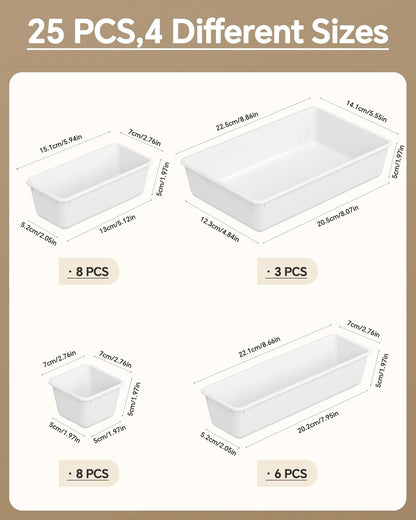 KEMETHY 25 PCS Plastic Drawer Organizers Set, 4 Sizes Vanity Organizer | Makeup and Desk Drawer Organizer Trays, Organization and Storage for Makeup, Bathroom, Kitchen Utensils and Office (Black)