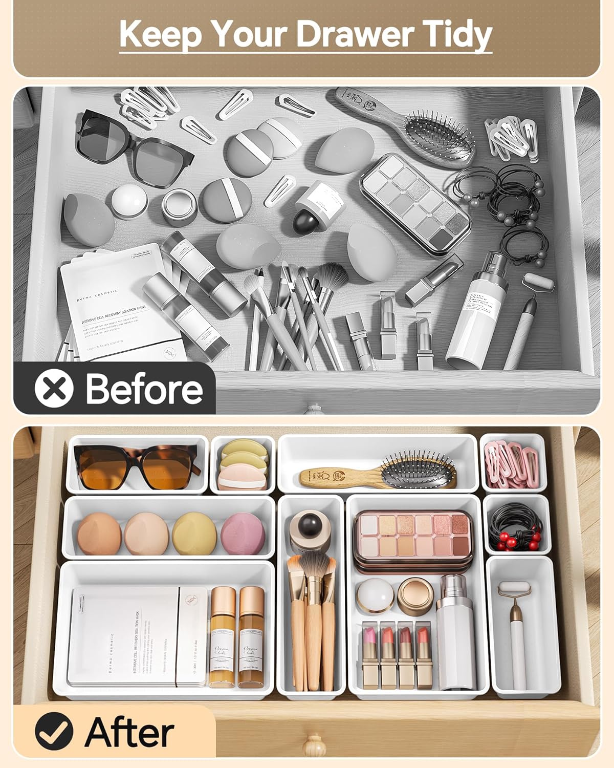 KEMETHY 25 PCS Plastic Drawer Organizers Set, 4 Sizes Vanity Organizer | Makeup and Desk Drawer Organizer Trays, Organization and Storage for Makeup, Bathroom, Kitchen Utensils and Office (Black)