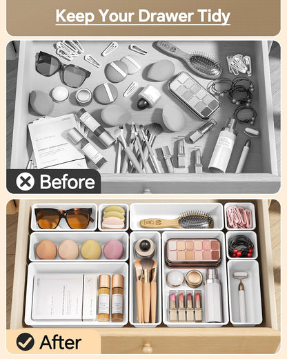 KEMETHY 25 PCS Plastic Drawer Organizers Set, 4 Sizes Vanity Organizer | Makeup and Desk Drawer Organizer Trays, Organization and Storage for Makeup, Bathroom, Kitchen Utensils and Office (Black)