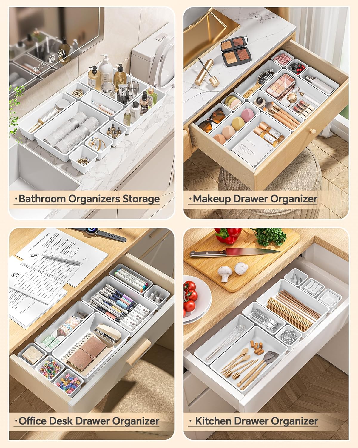 KEMETHY 25 PCS Plastic Drawer Organizers Set, 4 Sizes Vanity Organizer | Makeup and Desk Drawer Organizer Trays, Organization and Storage for Makeup, Bathroom, Kitchen Utensils and Office (Black)