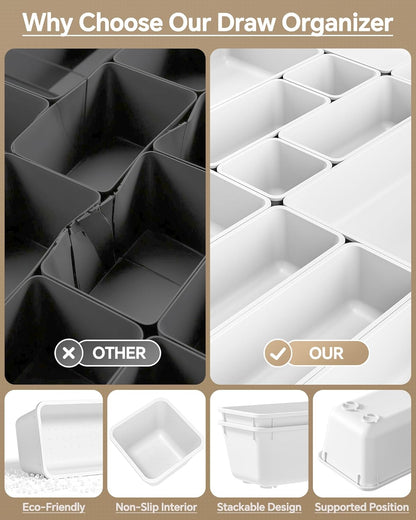 KEMETHY 25 PCS Plastic Drawer Organizers Set, 4 Sizes Vanity Organizer | Makeup and Desk Drawer Organizer Trays, Organization and Storage for Makeup, Bathroom, Kitchen Utensils and Office (Black)