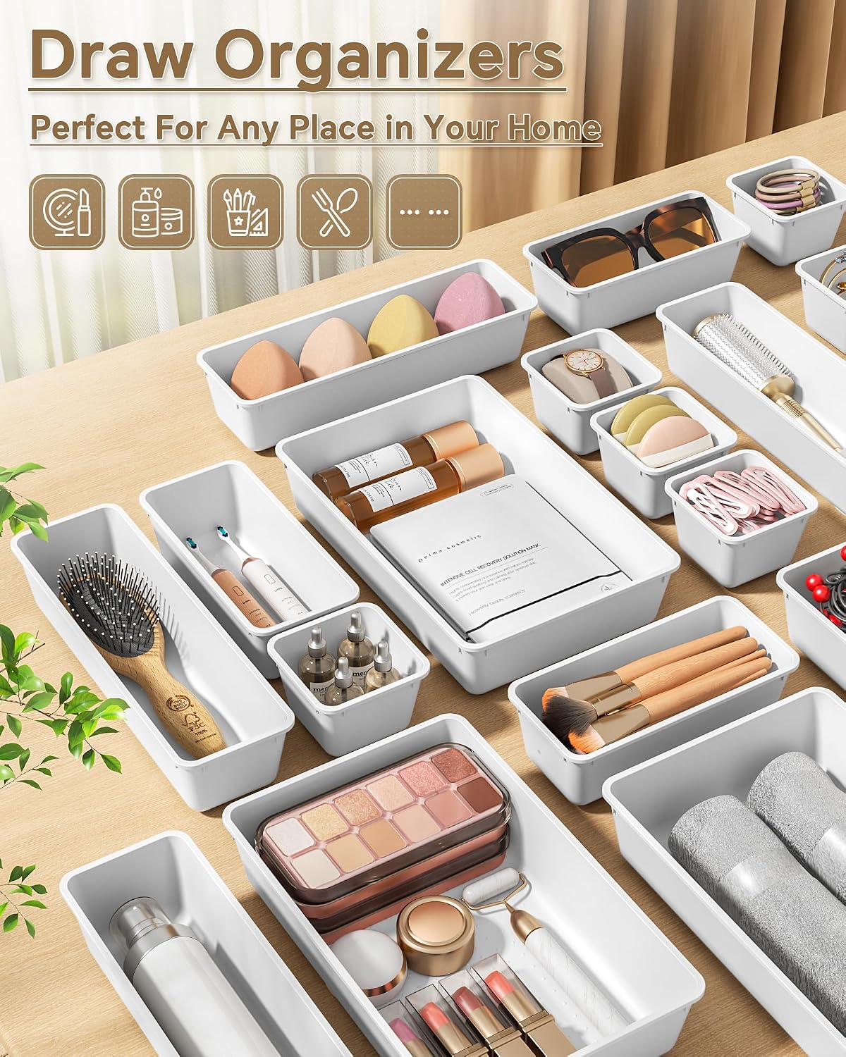 KEMETHY 25 PCS Plastic Drawer Organizers Set, 4 Sizes Vanity Organizer | Makeup and Desk Drawer Organizer Trays, Organization and Storage for Makeup, Bathroom, Kitchen Utensils and Office (Black)