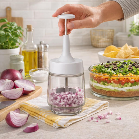 Kitchen Old Fashioned Onion Chopper, Glass, 18/8 Stainless Steel Plane-Edge Blades For Onions, Eggs, Product, Nuts