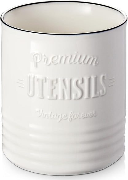 7.2″ Extra Large Kitchen Utensil Holder, Farmhouse Utensil Holder for Countertop, Ceramic Utensil Crock with Protection Cork Mat, Utensil Organizer for Kitchen Decor & Housewarming Gift, White