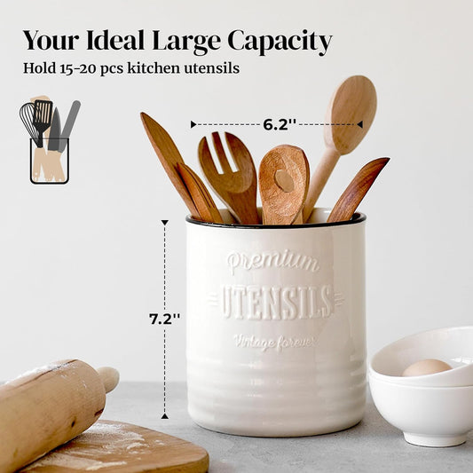 7.2″ Extra Large Kitchen Utensil Holder, Farmhouse Utensil Holder for Countertop, Ceramic Utensil Crock with Protection Cork Mat, Utensil Organizer for Kitchen Decor & Housewarming Gift, White