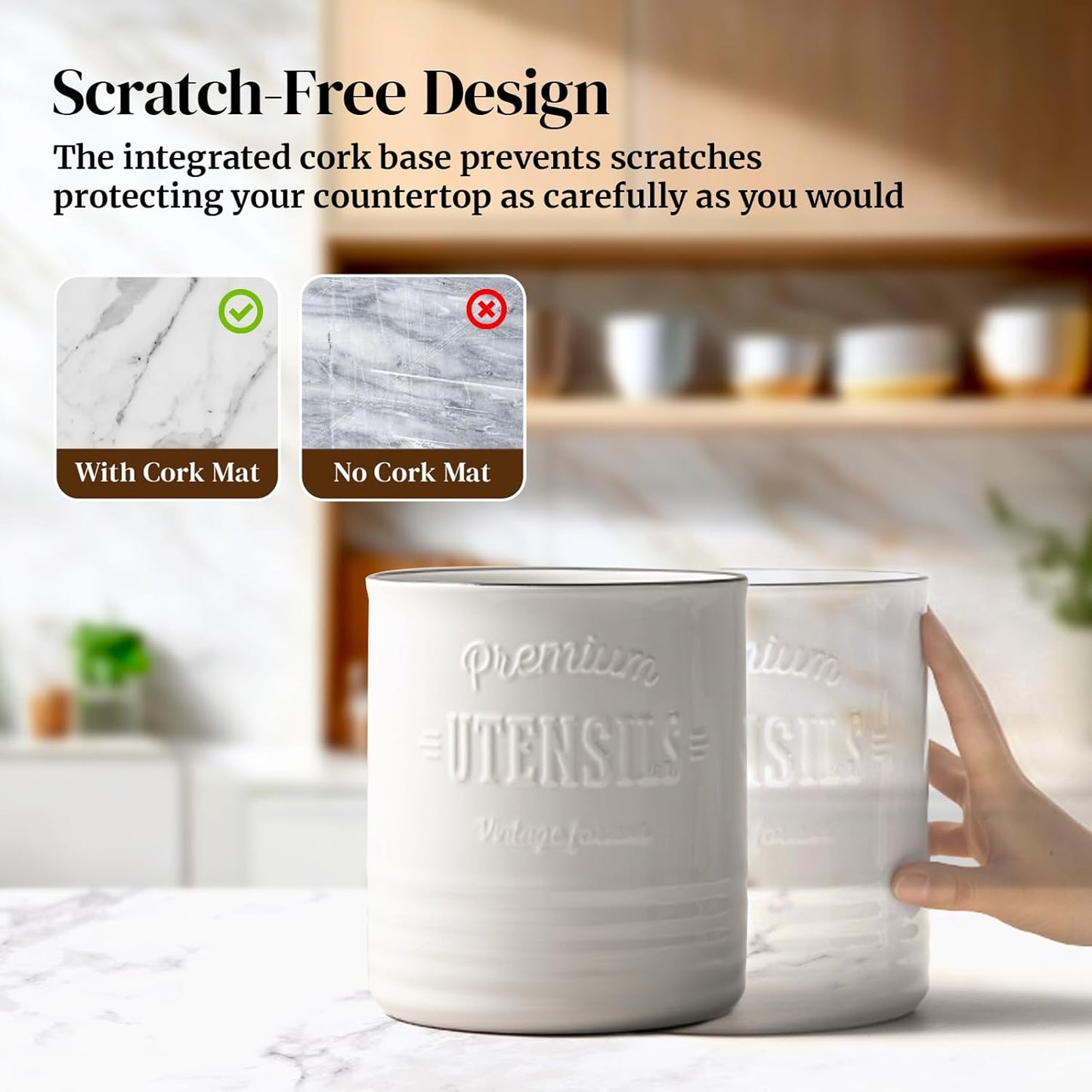 7.2″ Extra Large Kitchen Utensil Holder, Farmhouse Utensil Holder for Countertop, Ceramic Utensil Crock with Protection Cork Mat, Utensil Organizer for Kitchen Decor & Housewarming Gift, White