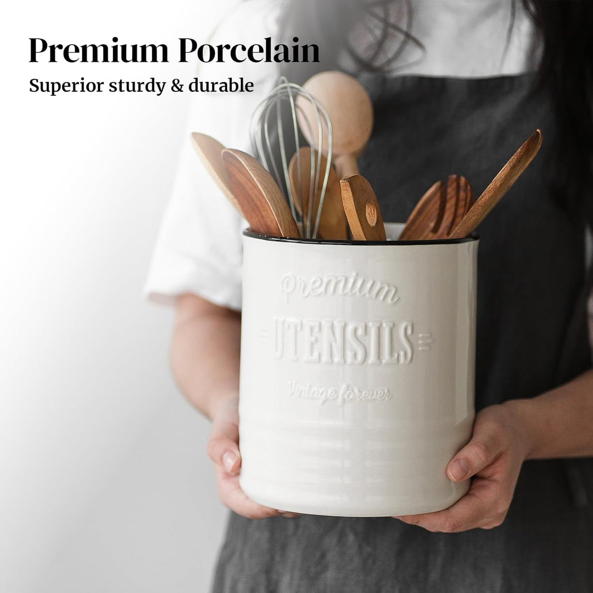 7.2″ Extra Large Kitchen Utensil Holder, Farmhouse Utensil Holder for Countertop, Ceramic Utensil Crock with Protection Cork Mat, Utensil Organizer for Kitchen Decor & Housewarming Gift, White